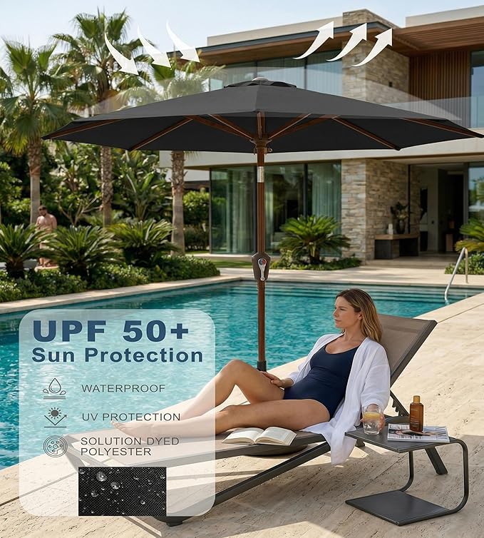 PatioKingdom 10FT Patio Umbrella with Push Button Tilt and Crank, Outdoor Market Umbrella with 8 Fiberglass Ribs, UV Protection Table Umbrella for Pool,Backyard,Garden,Deck