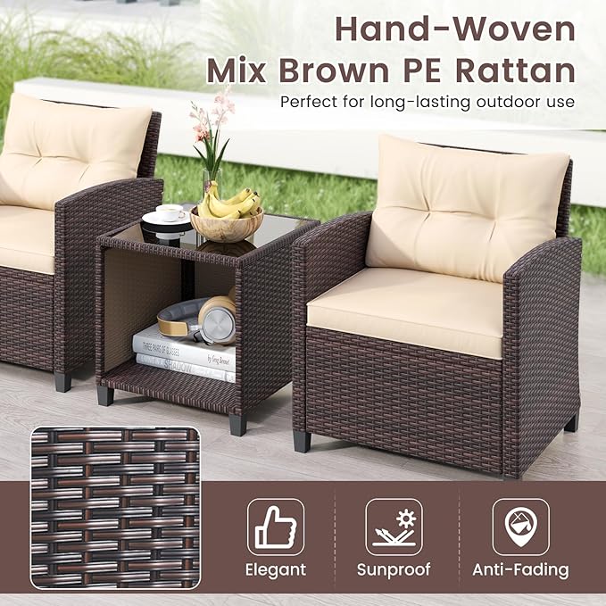 HAPPYGRILL 3 Pieces Patio Conversation Set, Outdoor Rattan Wicker Chairs & Coffee Table Set w/Cushions & Tempered Glass Tabletop, Porch Sofa Set for Backyard, Poolside