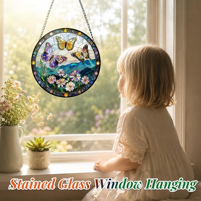 Stained Glass Butterfly Suncatcher Window Hanging Birthday Gifts for Women | 7.8in Garden Sun Catcher, Butterflies Wildflowers Home Decor, Memory Gift for Mom Grandma & Mother's Day, Christmas Ornament