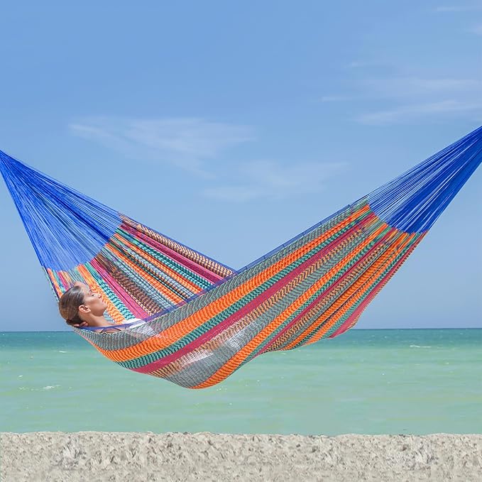 NOVICA Artisan Handmade Cotton Hammock Striped Rope Double Blue Orange Mexico Mayan [Bed Size 78in L x 70in W Total Length 158in L] ' Colors of Mexico' Double