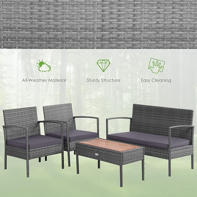 Tangkula 4 Pieces Rattan Patio Conversation Set, Patiojoy Outdoor Wicker Sofa with Seat Cushions, Heavy-Duty Steel Frame, Acacia Wood Tabletop, Outdoor Furniture for Poolside, Deck, Garden