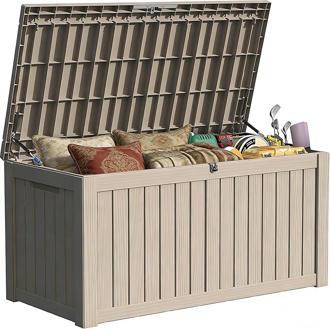 150 Gallon Outside Storage Box & Bench,Lockable&Waterproof Storage Organizer for Patio Furniture Accessories, Indoor Storage for Cushion, Slate Grey