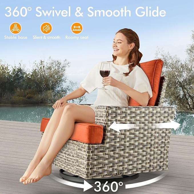 9 Pcs Outdoor Sectional Patio Furniture Set with Swivel Rocking Chairs - All Weather Wicker Modular Outside Sectional Couch,Patio Seating Outdoor Conversation Set for Deck Yard Garden,Orange Red