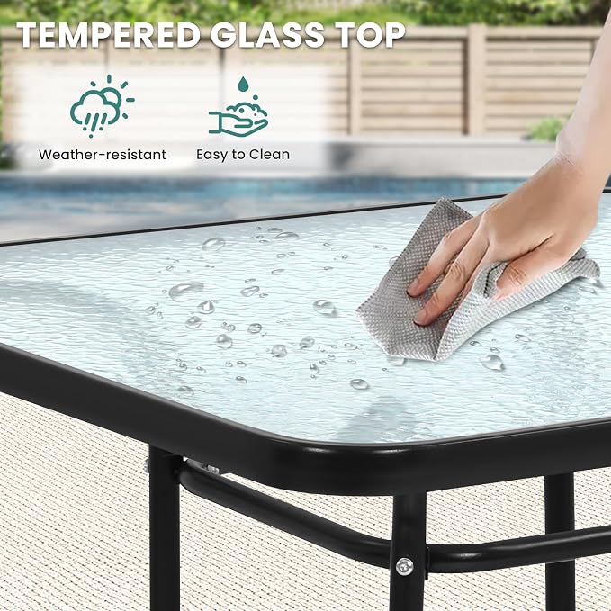32'' Patio Bistro Table Square Outdoor Coffee Table, Square Tempered Glass Top with Umbrella Hole, Outdoor Dining Table for Balcony Backyard Lawn and Garden, Black