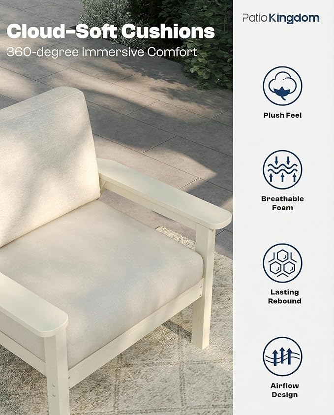 Patio Furniture Set with Washable Thick Beige Cushions, HDPE Outdoor Couch, All-Weather Outdoor Sectional Furniture, Patio Conversation Sets for Lawn, Garden, Porch (White Frame)
