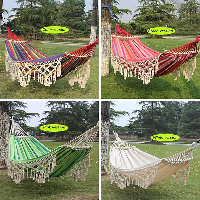 Camping Hammock with Tassels, Portable Canvas Double Hammock with Tree Straps, 108x59in Heavy Duty 330 lbs for Backyard Outdoor Beach Patio White