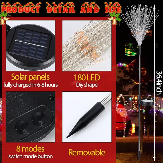 Tujoe 4 Pack Valentines Day Solar Firework Lights 180 LED 8 Lighting Modes Waterproof Solar Lamps Decorative Garden Stake Lights for Valentines Wedding Party Pathway Patio Decor