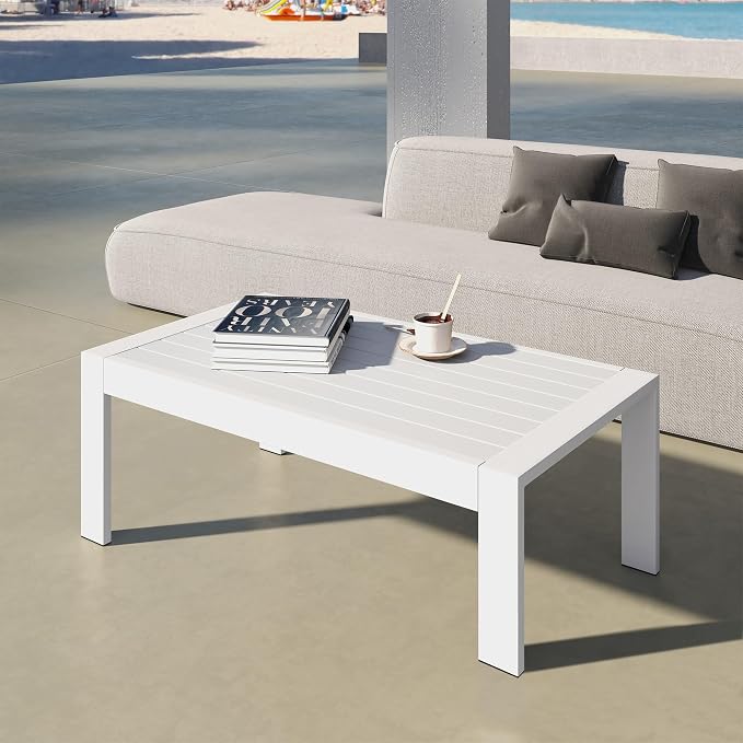 FansaFurn All-Weather Aluminum Outdoor Coffee Table, Modern Rectangle Patio Coffee Table for Balcony Garden, Light Grey