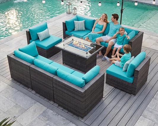 BULEXYARD 9 Piece High Back Outdoor Sectional Seating with Fire Pit Table, Heavy Duty Sturdy Wicker Patio Set Conversation Couch Sofa, Extra Wide Deep Large 8-Person Deck Furniture Set, Grey & Teal