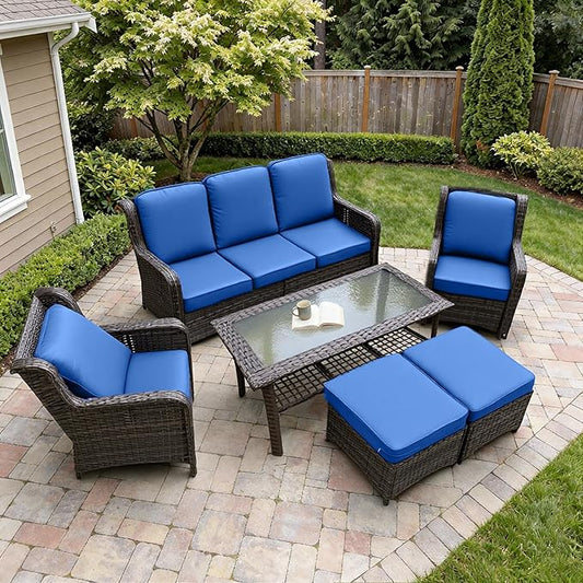 6 Piece Wicker Patio Furniture Set, High Back Chairs with Extra Thick Cushions, Outdoor Deep Seating Conversation Sets with Coffee Table & Ottomans for Deck Yard and Poolside, Blue