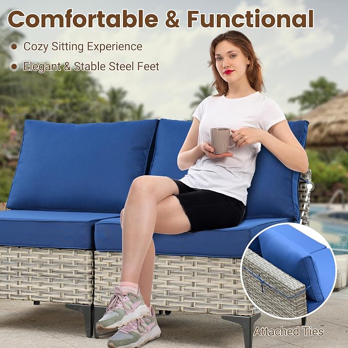 Outdoor Sectional Patio Furniture Set,5 Pieces Rattan Wicker Conversation Sets L Shaped Couch,Outside Furniture with Glowing Coffee Table,Navy Blue