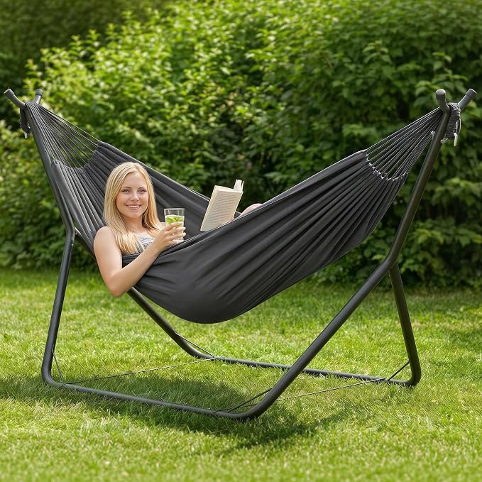 ANOW Heavy-Duty Hammock with Stand for Outside, Space Saving Steel Stand with Adjustable Height, 475 Lbs Capacity, Dark Gray