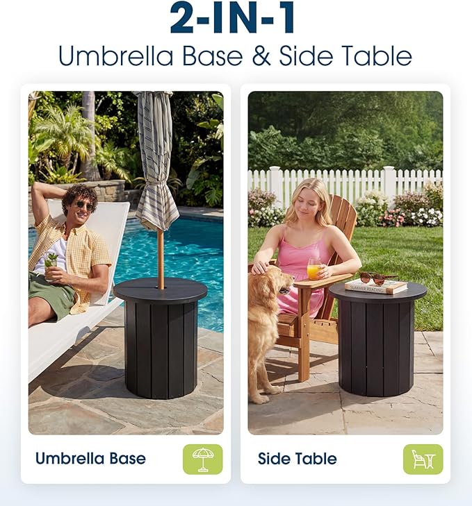 wikiwiki 2-in-1 70Lbs Patio Umbrella Base & Outdoor Side Table with Hole, HDPE Woodgrain Small Outdoor Table Fits 1.5-1.9in Pole for Patio, Deck, Poolside & Garden Use, Dark Black