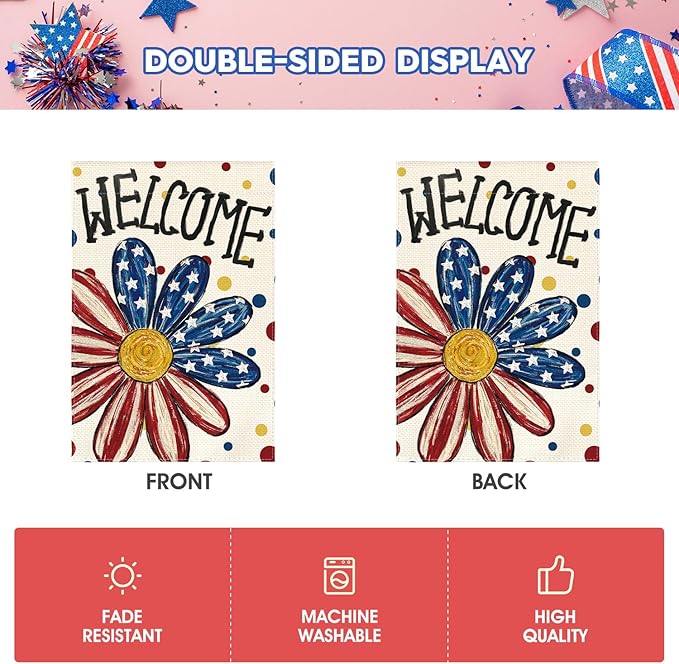 AVOIN colorlife 4th of July Patriotic Garden Flag 12x18 Inch Double Sided Outside, Memorial Day Welcome Floral Daisy Yard Outdoor Decoration