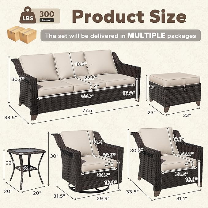 8 Pieces Patio Conversation Furniture Set - 1 Sofa, 2 Ottomans, 2 Armchairs, 2 Swivel Chairs, 1 Side Table, Outdoor Wicker Furniture with Removable Cushions for Porch, Sunroom (Beige)