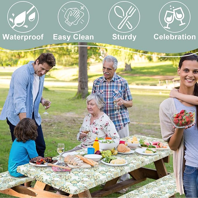 misaya Picnic Table Cover with Bench Cover, Waterproof Elastic Fitted Tablecloth for 8 Foot Tables, Rectangle Washable Polyester Tablecloths for Picnic, Camping, Outdoor (Paisley Flower, 30" x 96")