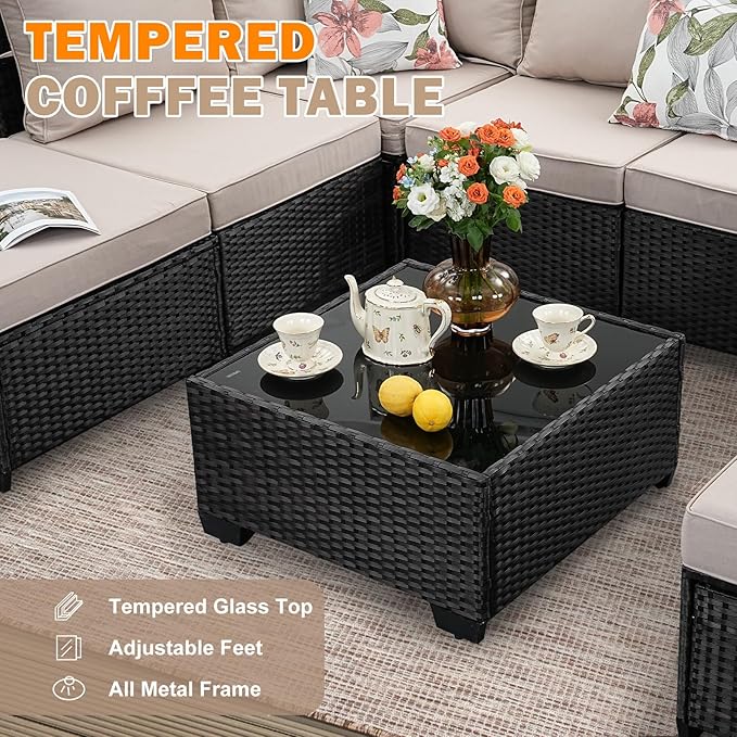 7 Pieces Patio Furniture Set, Wicker PE Rattan Outdoor Sectional with Cushion & Coffee Table, Patio Conversation Sofa for Garden, Backyard, Poolside, Beige