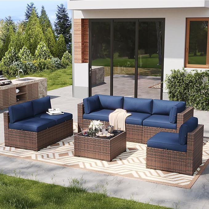 LazySunsets 7 Piece Outdoor Patio Furniture Set with Coffee Table, Outdoor Patio Furniture Sets with Waterproof Cover, Wicker Rattan Outdoor Conversation Set for Backyard & Garden, Blue