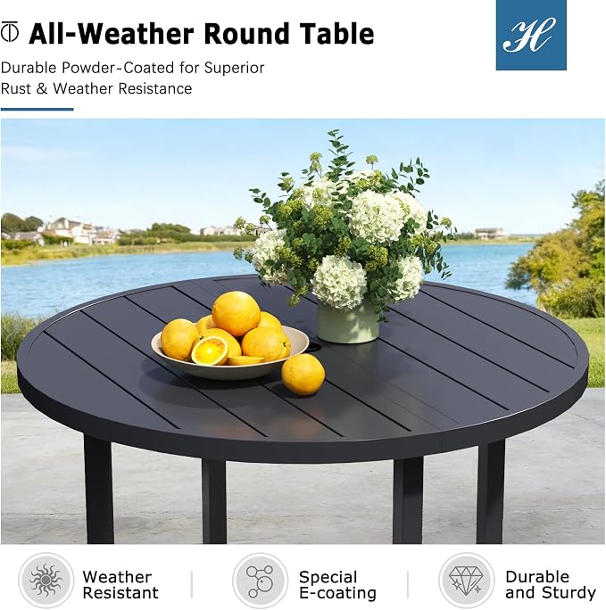60" Round Patio Dining Table for 8, All-Weather Metal Patio Table with Umbrella Hole, Outdoor Round Dining Table for Lawn Garden Porch, Black
