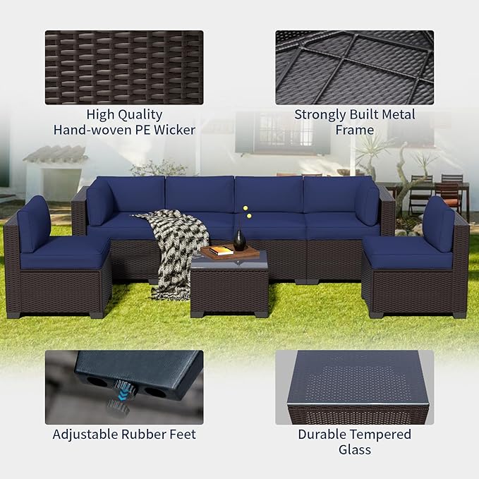 YLGJ&TIDY 7-Piece Outdoor Sectional Patio Furniture Set,Waterproof Patio Furniture with Metal Frame,All-Weather Wicker Rattan Sofa,Perfect for Garden Poolside Backyard (7, Darkbrown&Navy Blue)