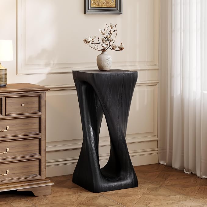 Christopher Knight Home Novi 26.8" H Lightweight Concrete Outdoor Side Table, Hollow Twist-Shaped Patio End Table, MGO Outdoor Coffee Table, Garden Plant Stand Indoor, Wood-Like Texture, Black