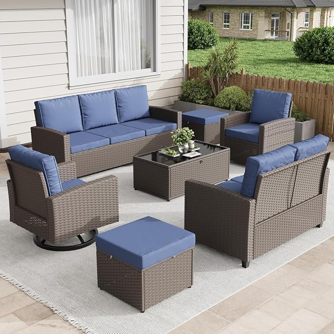 7-Piece Outdoor Patio Furniture Set with Wicker Rattan Sectional Sofa, Swivel Chairs, Ottomans, Coffee Table and Comfy Cushions, All-Weather Conversation Set for Balcony, Deck, Garden, Backyard Lounge