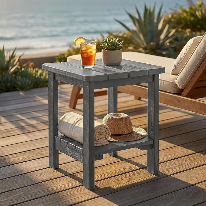 Furnimart Adirondack 2-Layer Square Outdoor Side Table, Extra-Thick HDPE Weather-Resistant Small Patio Table, Gray Outdoor End Table for Garden Balcony Yard Deck Poolside(Gray)
