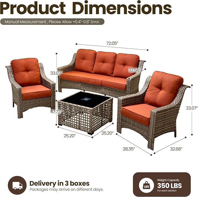 4 Piece Patio Furniture Set with Solar Light Coffee Table, Heavy Duty Wicker High Back Sofa Chairs with Thick Cushion, Small Outdoor Conversation Sets for Backyard Garden Porch, Bold Orange
