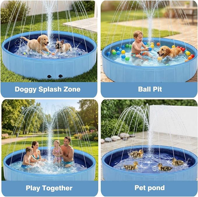 Eooqi Foldable Dog Pool with Sprinkler, 87 Inch Extra Large Thickened Splash Pool, 2-in-1 Outdoor Summer Water Play Toy, Non-Slip Hard-Side Kiddie Pool for Backyard Dogs, Kids & Pets (Blue, 87"-5XL)
