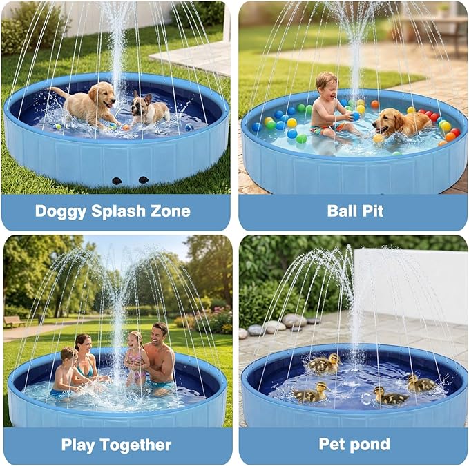 Eooqi Foldable Dog Pool with Sprinkler, 79 Inch Extra Large Thickened Splash Pool, 2-in-1 Outdoor Summer Water Play Toy, Non-Slip Hard-Side Kiddie Pool for Backyard Dogs, Kids & Pets (Blue, 79"-4XL)