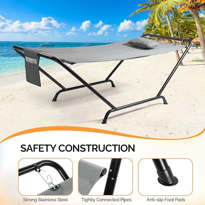 ONCLOUD Iron Hammock with Stand, Hammock Stand with Double-Layer Oxford Cloth Hammock, Portable Heavy-Duty Hammock for Outdoors, Garden, Patio, Yard, 550lbs (Gray)