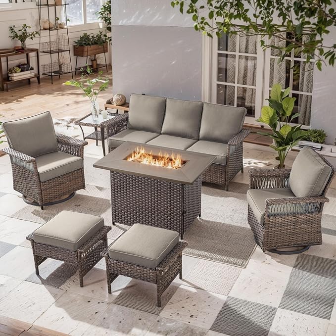 Patio Furniture Set with Fire Pit Table, 7PCS Patio Conversation Set Brown Resin Wicker Swivel Patio Chair Sofa Ottoman Set with Side Table and Fire Table PE Rattan Furniture Set