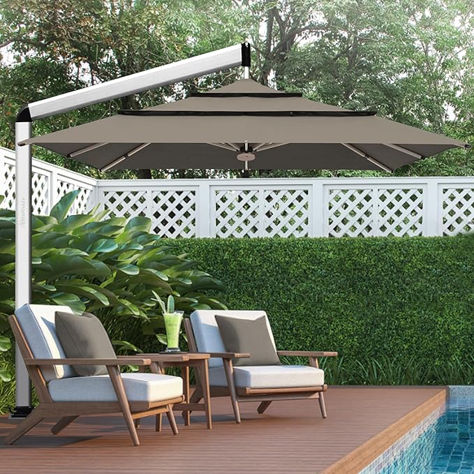 EliteShade USA Atlas 3-Tier 10x10FT Full Aluminum Cantilever Patio Umbrella for Outdoor Restaurant Garden Courtyard Deck Pool and Marketing with Light (No battery), Taupe