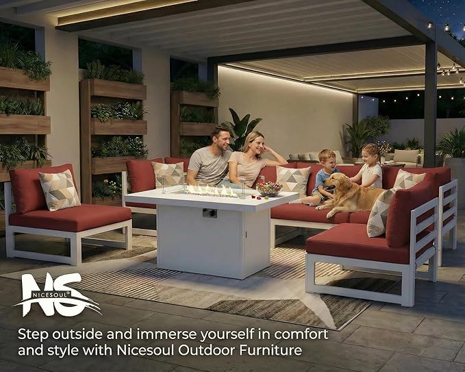 NICESOUL 12 People Large Luxury Aluminum Outdoor Sectional Sofa, L Shaped Modular Patio Furniture Set with Fire Pit Table & Side Table, 500 lbs Heavy Duty Conversation Couch for Poolside, Burgundy