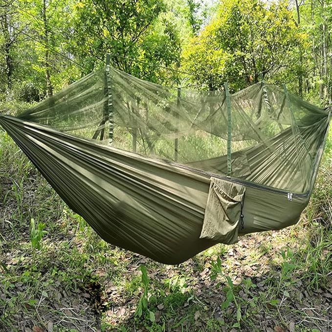ELEOPTION Camping Hammock with Mosquito net Portable Outdoor Bed Robust Hammock from Parachute Silk max. Load Capacity 200kg Perfect for Home Garden Forests Travel Hiking etc (Military Green)