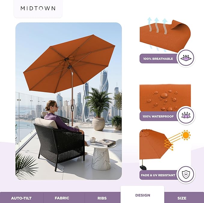 Midtown Umbrellas Wooden 2-8 Ft Patio Umbrella with 360° Swivel & Tilt Mechanism, 8 Fiberglass Ribs & Sunbrella Fabric - Outdoor Umbrella for Deck, Pool & Garden - Burgundy Canopy, Wooden Pole