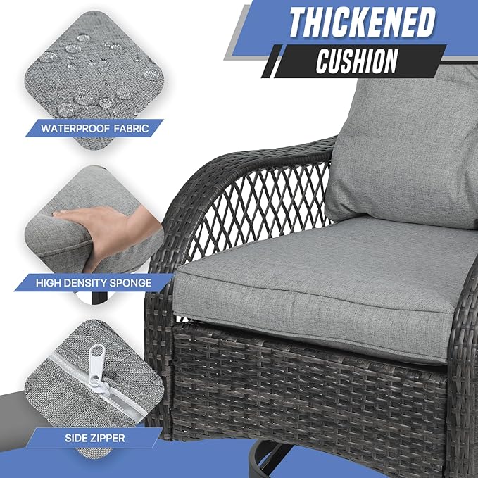 3-Piece Outdoor Patio Swivel Furniture Set, PE Rattan Patio Conversation Set with Tempered Glass Side Table for Home, Yard, Poolside