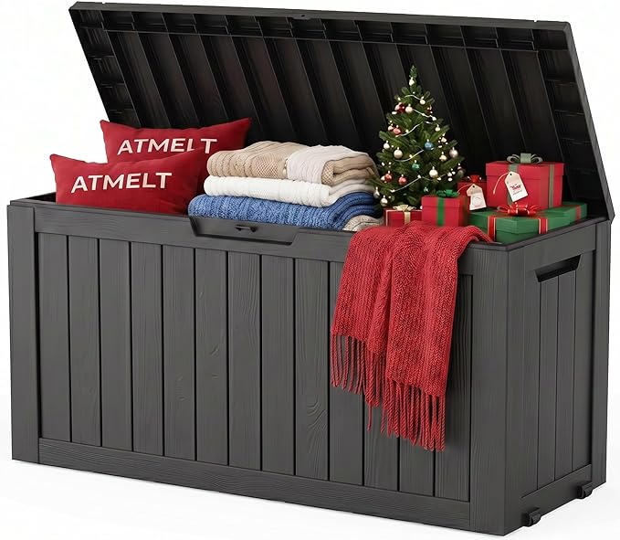 Outdoor Storage Box, 100 Gallon Resin Deck Box, Lockable Indoor Outdoor Waterproof Storage Bins With Bottom Wheels for Patio Cushions, Gardening Tools, Black