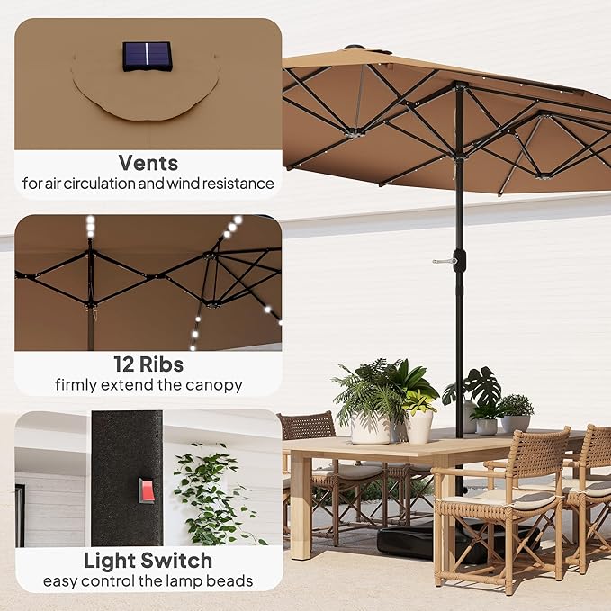 Outsunny 14.4ft Large Patio Umbrella with 36 Solar LED Lights, Double Sided Outdoor Umbrella with Base Included