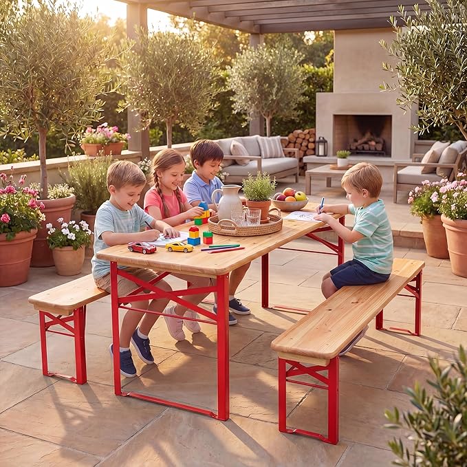 HONEY JOY Kids Picnic Table, 43.5 Inch Folding Toddler Outdoor Table & 2 Benches, Fir Wood Top & Metal Frame, No Assembly, Portable Easy to Store Camping Table and Chairs for Patio Backyard (Red)