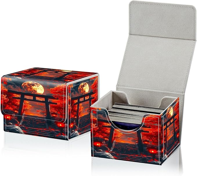 Card Deck Box for MTG, Cards Storage Box Fits 120+ Sleeved, Leather Small Size Strong Magnetic Closing Card Case for Board Games Magic TCG CCG Baseball Collection, Red Maple Leaf Moon