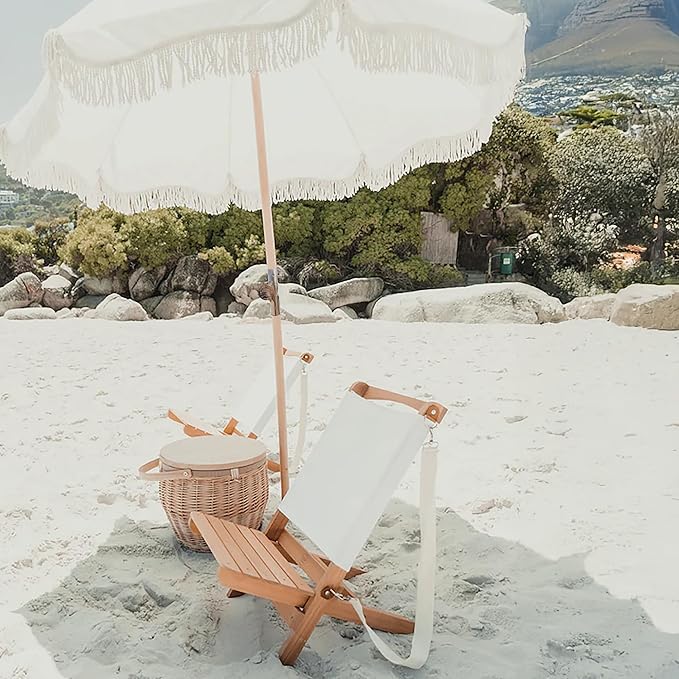 Beach Umbrella for Sand with Fringe – Luxury Boho Outdoor Umbrella for Beach, Pool, Garden, UPF 50+ Wood Shaft Metal Fittings Round with Carry Bag From