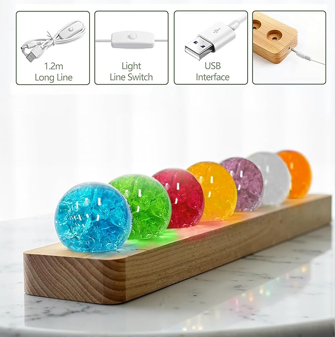 L LOHAS LED 7 Colors 40mm Ice Cracked Balls Crystal Chakra Balls with LED Wooden Base Glass Healing Sphere Balls with Stand Night Light Decoration Quartz for Home Living Room