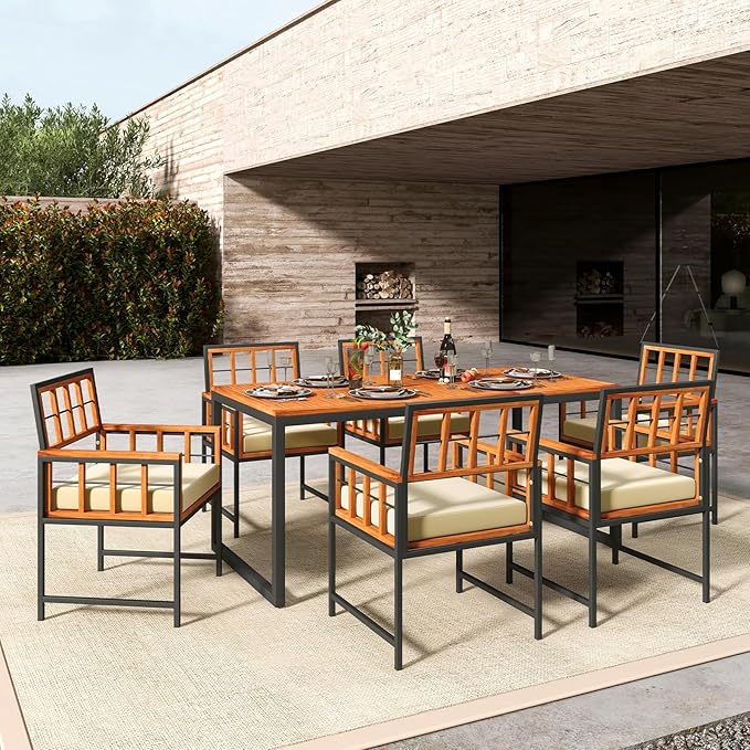 Tangkula 7 Pieces Patio Dining Set, Outdoor Acacia Wood Table and Chairs with Soft Cushions and 1.96” Umbrella Hole for Backyard, Garden, Poolside (Beige)