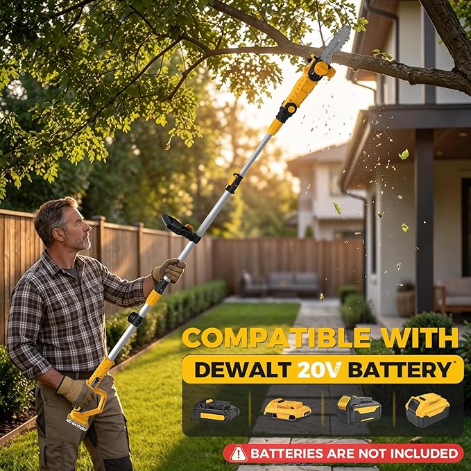 SHOHO Cordless Pole Saw Compatible with Dewalt 20V Max Batteries, Electric Pole Saws for Tree Trimming Battery Powered, Auto Lubrication System, Adjustable Pole Chainsaw (Battery not Included)