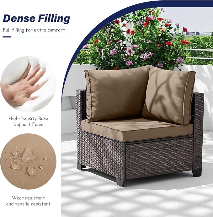 7-Piece Outdoor Patio Furniture Set, Brown PE Rattan Weaving Sofa with Dark Khaki Cushions and Steel Frame, Coffe Table Included, Outdoor Conversation Set