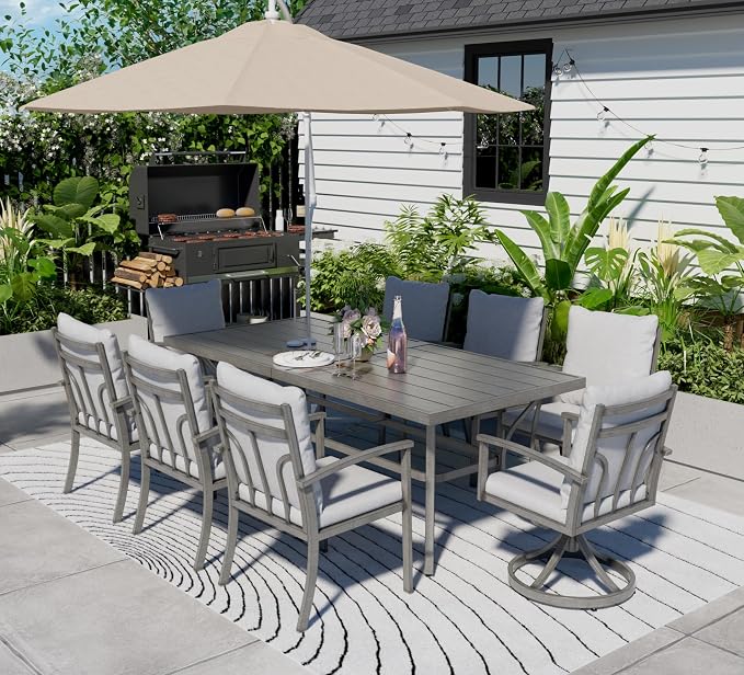 HAPPATIO 9-Piece Patio Outdoor Dining Set - All Aluminum Patio Table and Chairs Set for 8 Includes 1 Rectangular Table, 6 Dining Chairs, and 2 Swivel Chairs with Cushions for Lawn, Garden