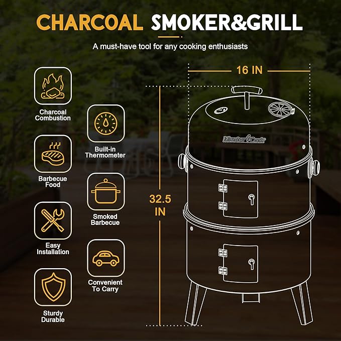 MASTER COOK 16 inch Charcoal Smoker, Vertical BBQ Grill, Heavy Duty 4 In 1 Fire Pit with built-in Thermometer & Adjustable Vent System for Backyard Patio Camping
