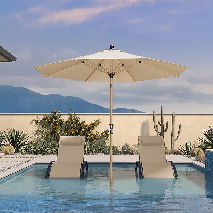 PURPLE LEAF 9 Feet Patio Umbrella with Base Market Umbrella Round Outdoor Umbrella with Push Button Tilt & Crank and 8 Ribs Aluminum Outdoor Table Umbrella for Garden Deck Balcony, Beige