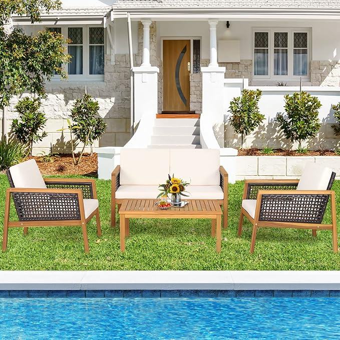 HAPPYGRILL 4 Pieces Patio Conversation Set Acacia Wood Furniture Set with Coffee Table, PE Rattan Wicker Sofa Set with Soft Cushions for Outdoor Garden Deck Poolside